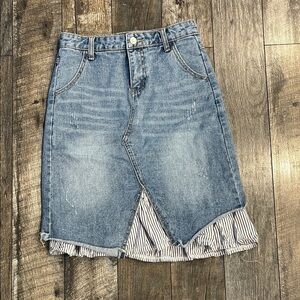 Denim Skirt with Striped Hem